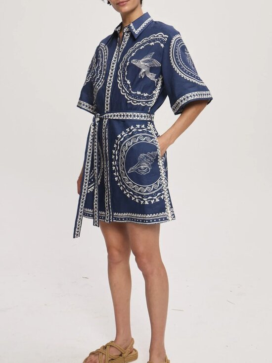 Alemais Dresses & Skirts - Alemais Oceane Mini Dress Navy Floral Linen Puff Sleeve Dress